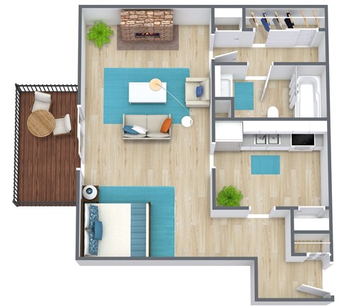 A floor plan of a house with a living room, kitchen, and bathroom.